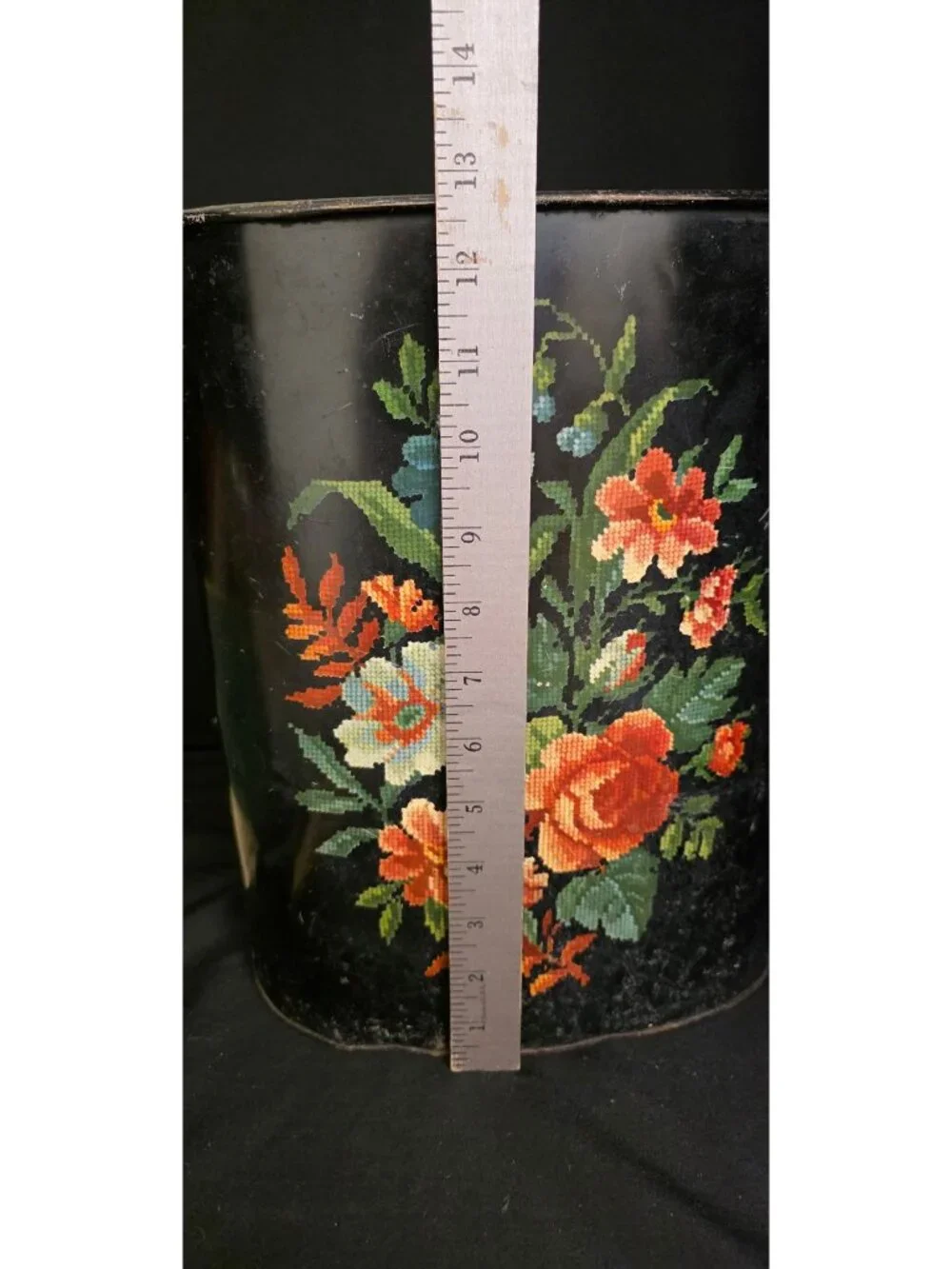 RARE Vintage Harvell MCM Metal Wastebasket Faux NEEDLEPOINT Floral Cottagecore